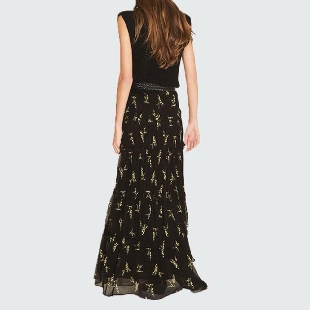 ba&sh Margarita Midi Skirt Maxi black floral tiered ruffle cottagecore boho sml - Picture 2 of 9